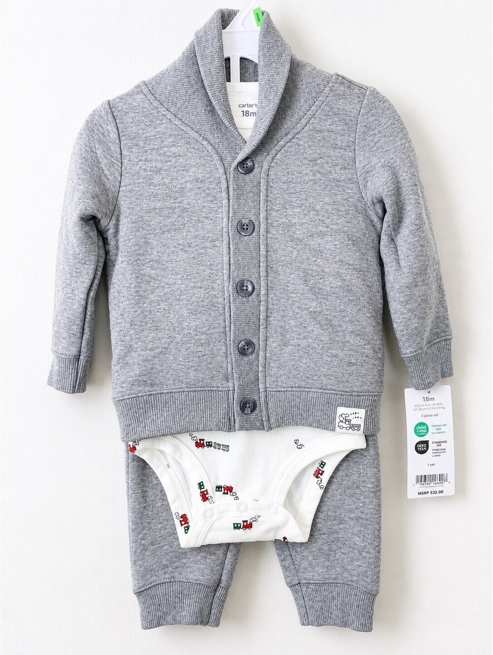 Carter's Baby Boys 3 Piece Outfit Set 18M Gray Cardigan Bodysuit Pants NWT